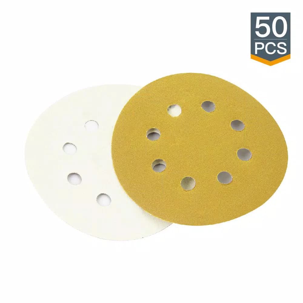POWERTEC 5 in. 100 Grit Gold Hook and Loop Sanding Discs, 8-Hole (50-Pack)