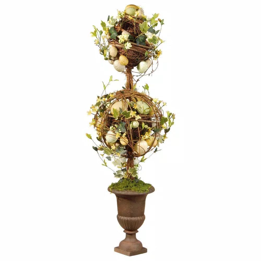 National Tree Company 33 in. Topiary Easter Tree with Woven Wood Vines, Flowers, and Pastel Eggs in Decorative Urn