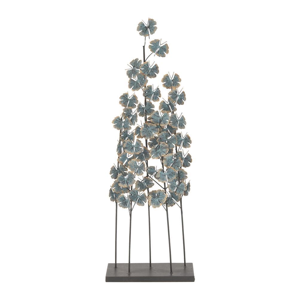 LITTON LANE Iron Metal Turquoise Ginkgo Leaves Sculpture with Gold Outline and Rectangular Base