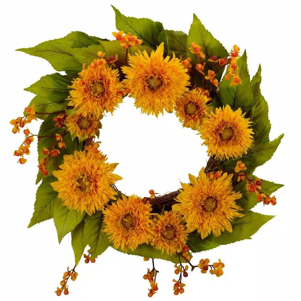 Nearly Natural 22 in. Golden Sunflower Wreath with Green Foliage and Twig Base