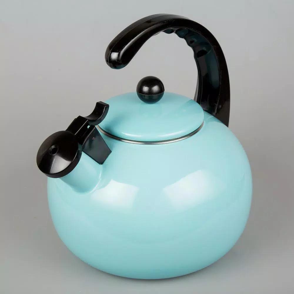 Creative Home Horizon 2.5 Qt. Porcelain Enamel on Steel Whistling Tea Kettle, Aqua Sky Blue
