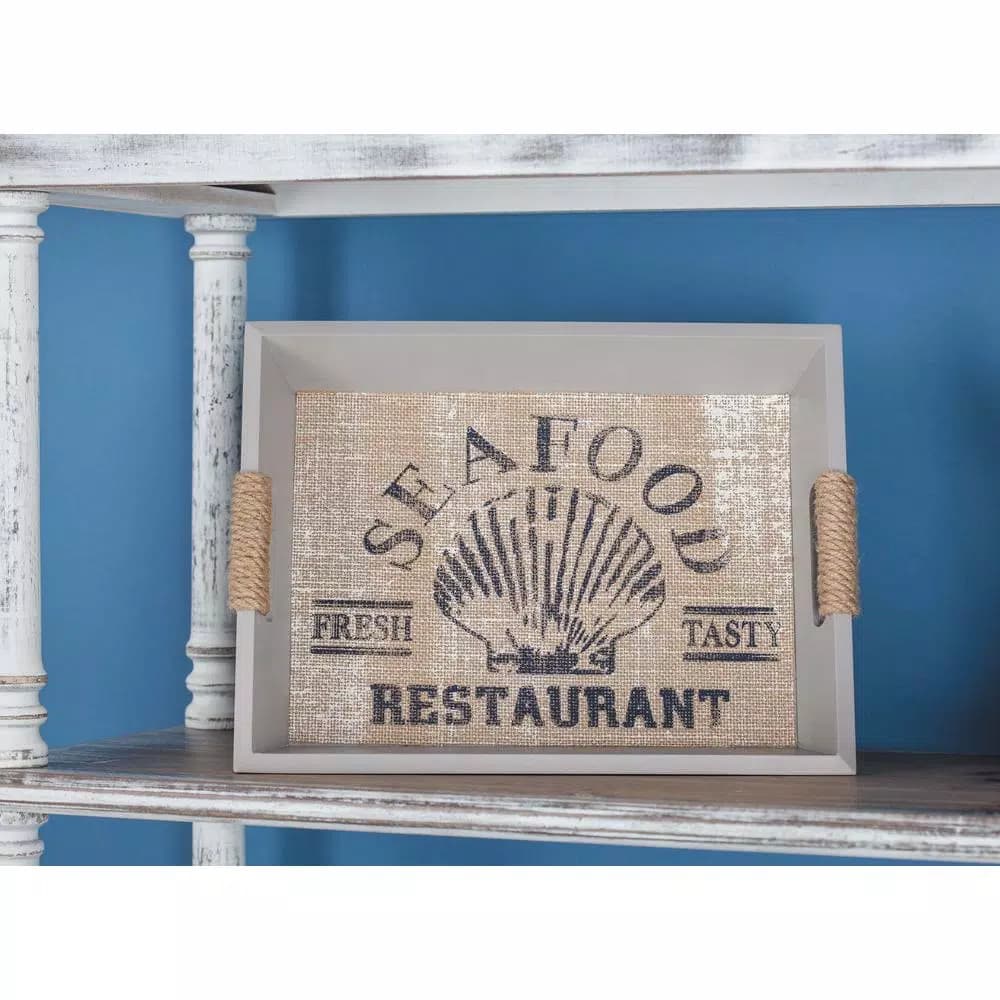 LITTON LANE Coastal Living Wooden Seafood Decorative Trays, Set of 2, White & Light Brown