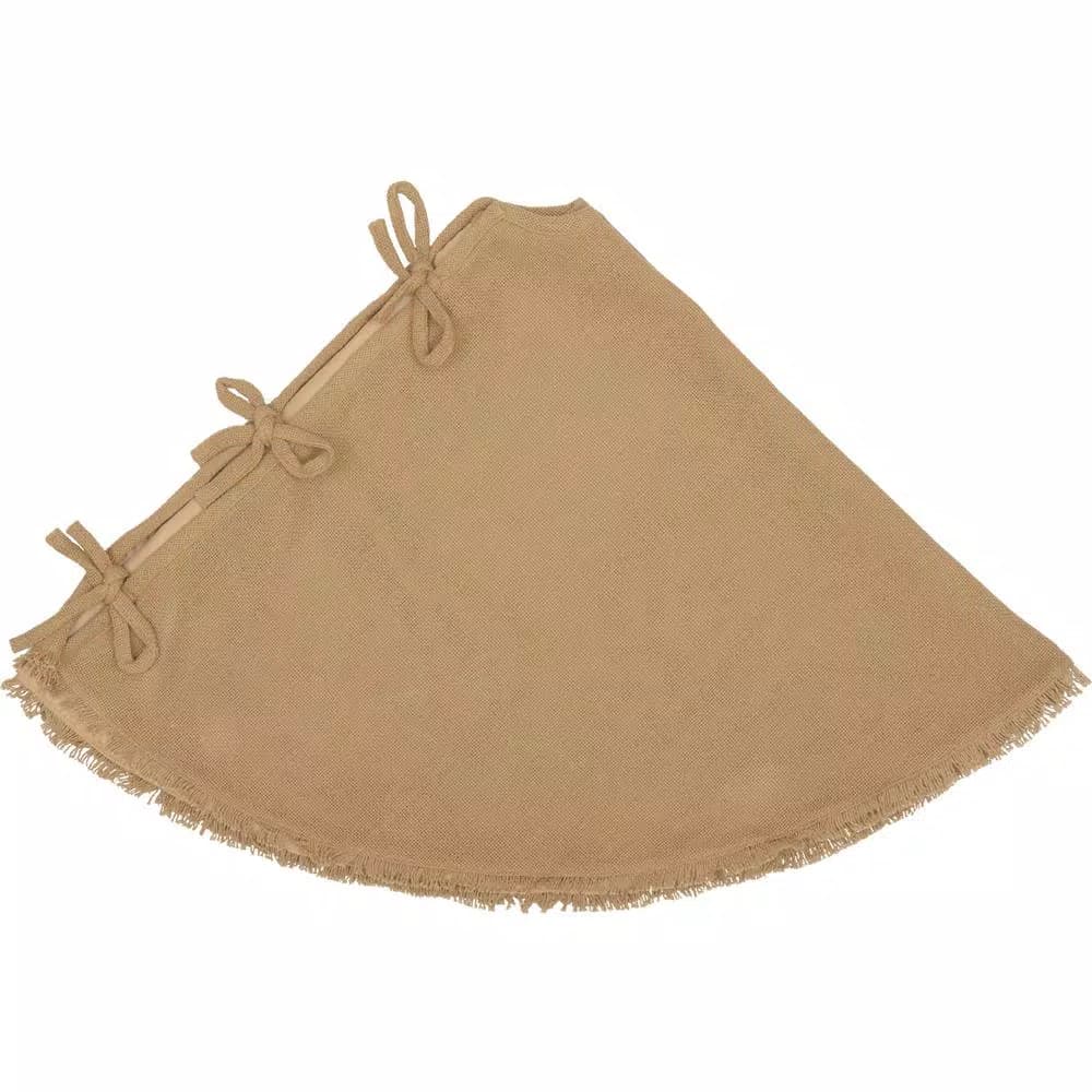 VHC Brands 48 in. Natural Burlap Christmas Tree Skirt with Fringed Edge and Taffeta Reverse