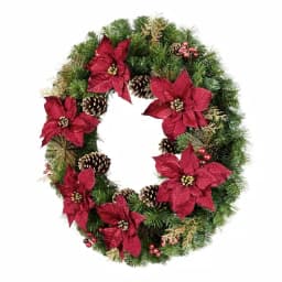 Home Accents Holiday 36 in. Burgundy Poinsettia and Mixed Pine Wreath with Berries, Gold Glitter Cedar and Pinecones thumbnail 3