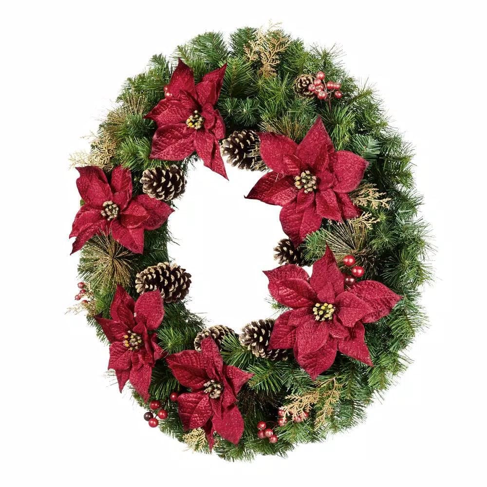 Home Accents Holiday 36 in. Burgundy Poinsettia and Mixed Pine Wreath with Berries, Gold Glitter Cedar and Pinecones