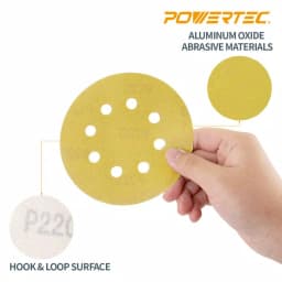 POWERTEC 5 in. 100 Grit Gold Hook and Loop Sanding Discs, 8-Hole (50-Pack) thumbnail 3