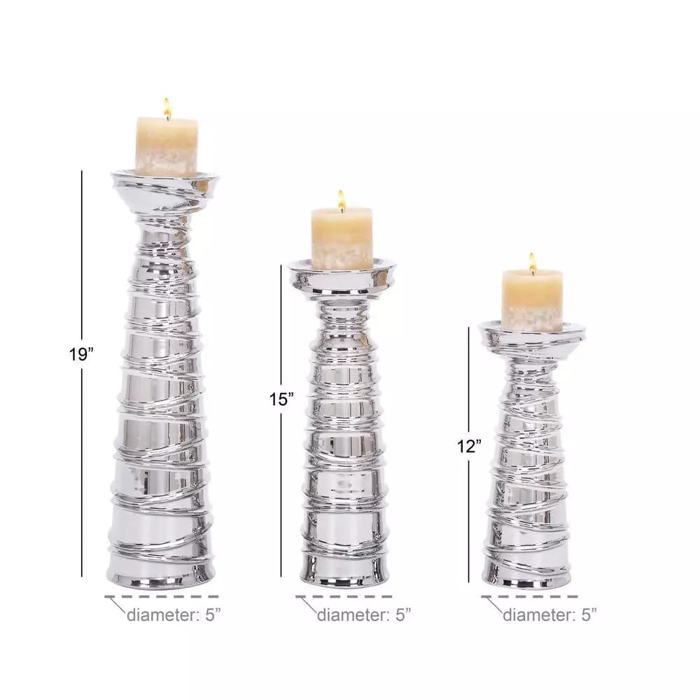 LITTON LANE Contemporary Silver Ceramic Tapered Cylinder Candle Holders, Set of 3