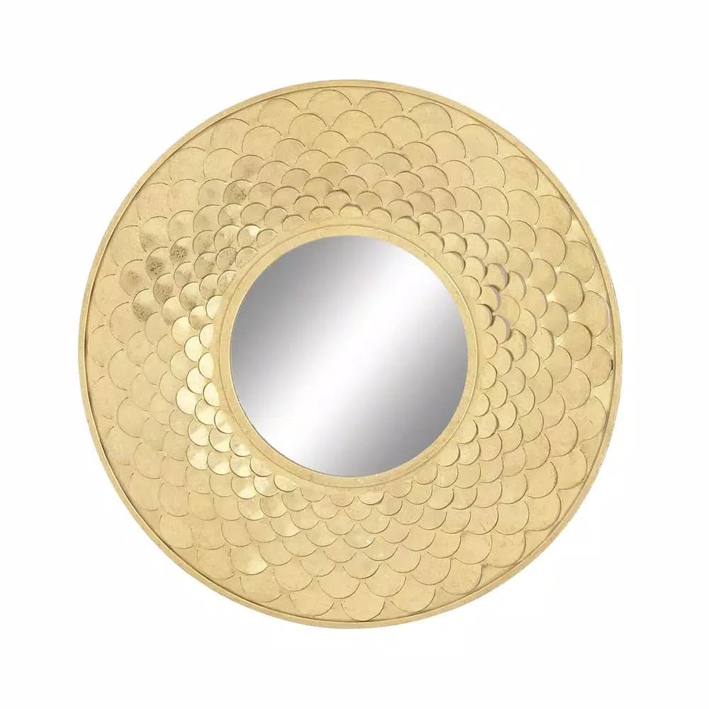 LITTON LANE 32 in. Round Gold Contemporary Iron Accent Mirror with Raised Scale Pattern