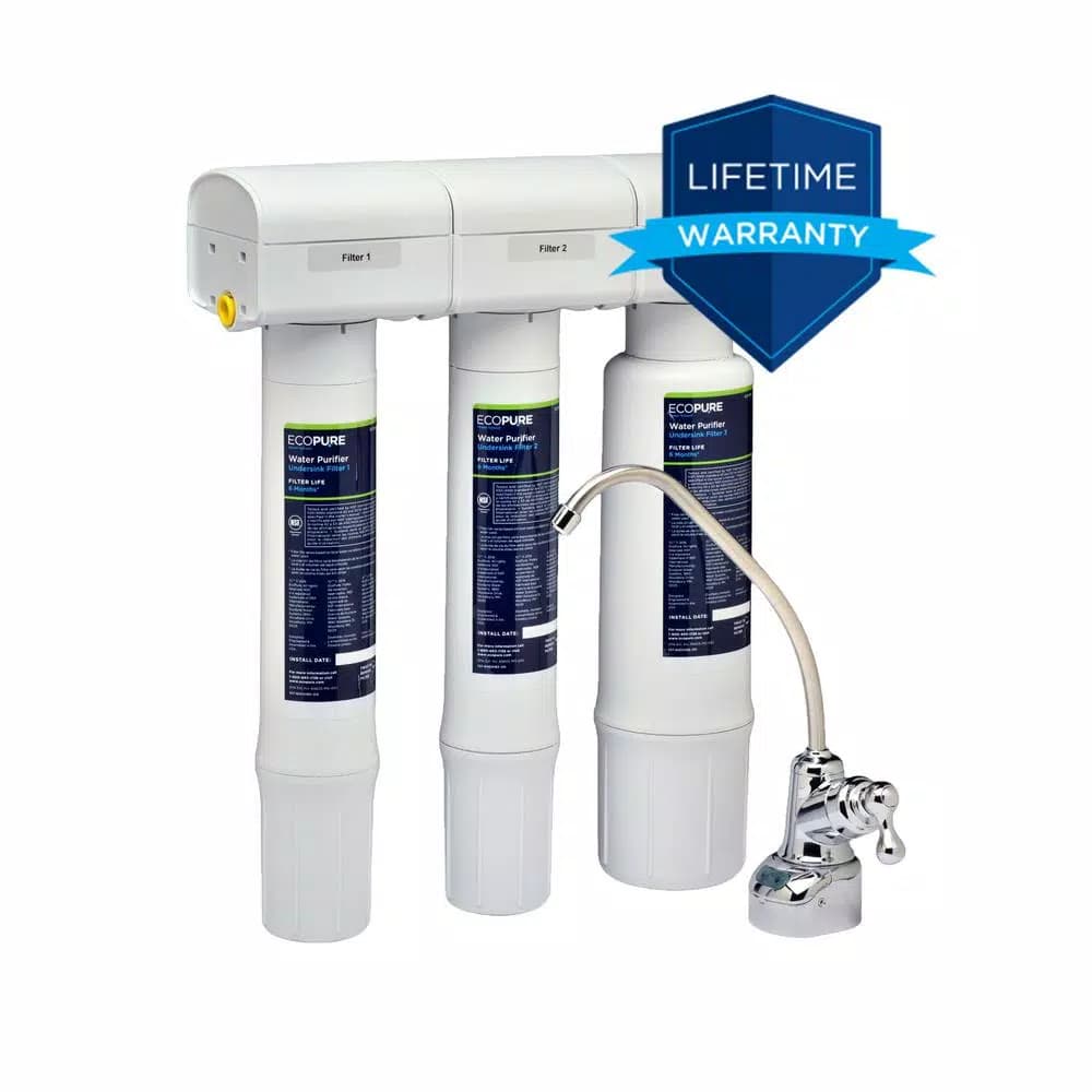 EcoPure Under Sink Water Purifier System with 3-Stage Carbon Block Filtration and Chrome Faucet