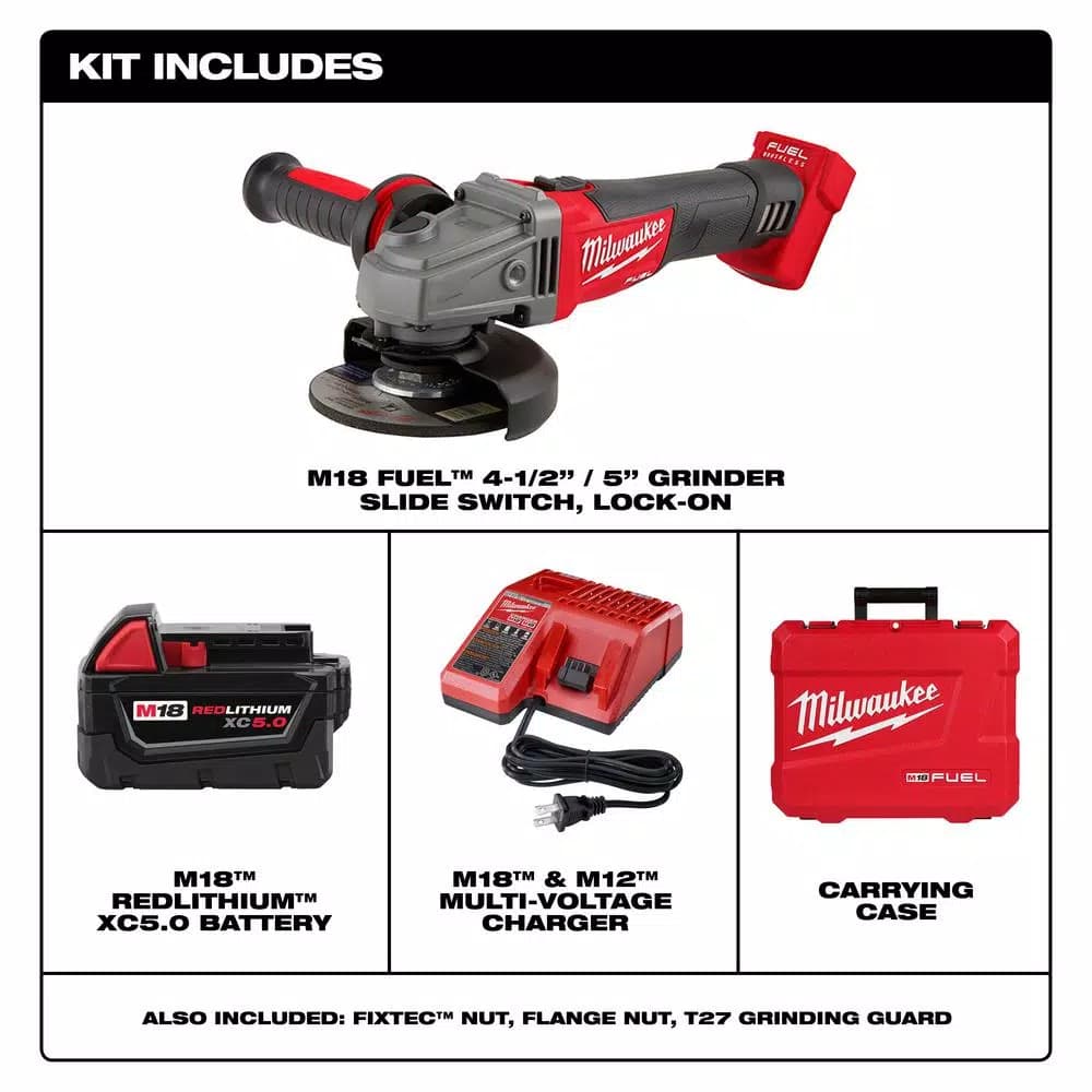 Milwaukee M18 FUEL 4-1/2" / 5" Cordless Angle Grinder Kit with 5.0 Ah Battery and Charger