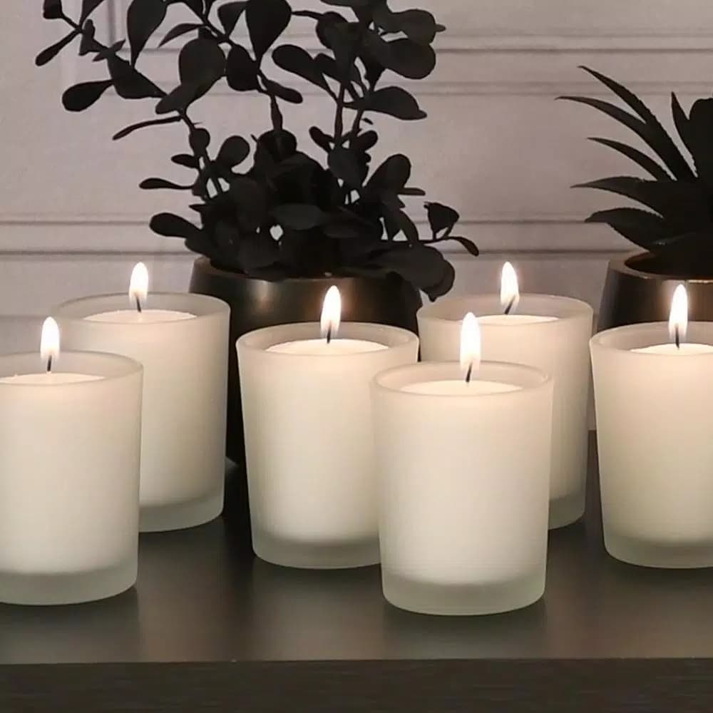 LUMABASE 12-Piece White Votive Candle Set with Frosted Glass Holders, 15-Hour Burn Time, Unscented Paraffin Wax