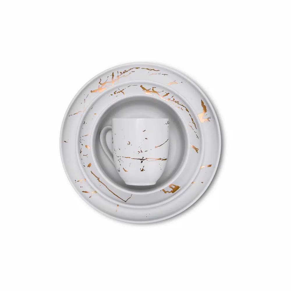 Stone Lain 32-Piece Porcelain Dinnerware Set, Gold Splash White Round Dishes for 8