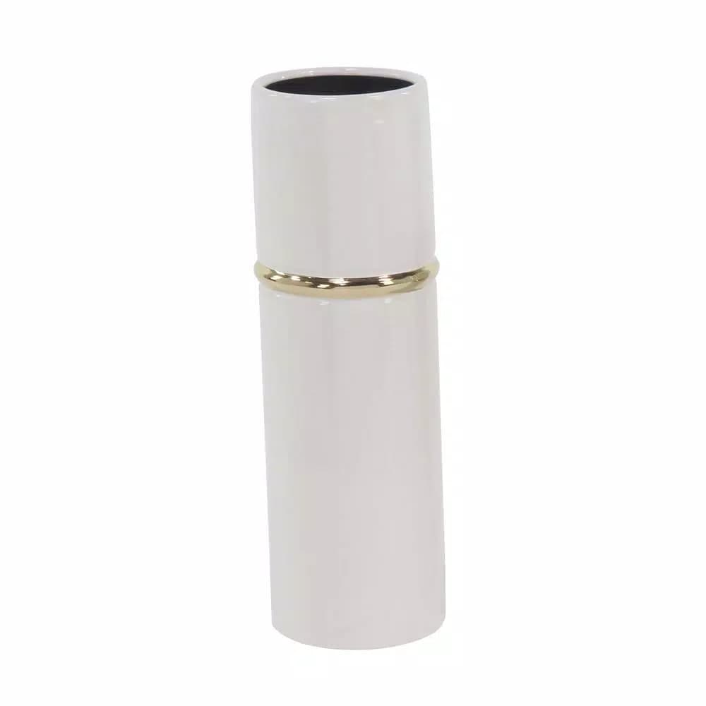 LITTON LANE White Ceramic Decorative Vase Set of 3 with Gold Lining Detail, Modern Cylinder Design
