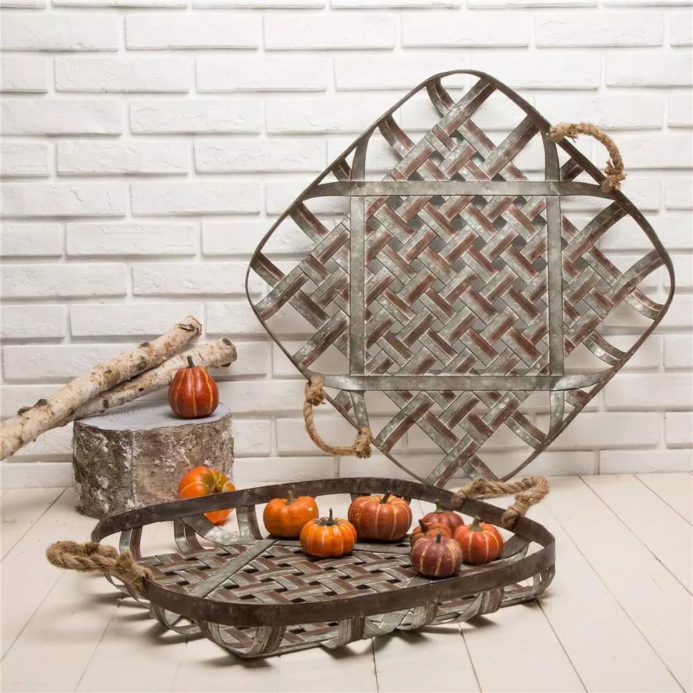 Glitzhome Farmhouse Galvanized Metal Woven Tobacco Basket Tray Set, Set of 2