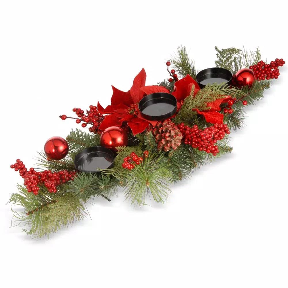 National Tree Company 28 in. Christmas Candleholder Centerpiece with Evergreen Branches, Poinsettias, and Pinecones