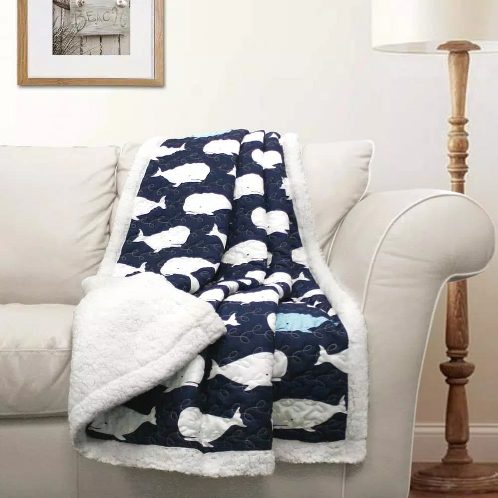 Lush Decor Whale Navy Sherpa Reverse Throw Blanket, Blue Animal Print Microfiber