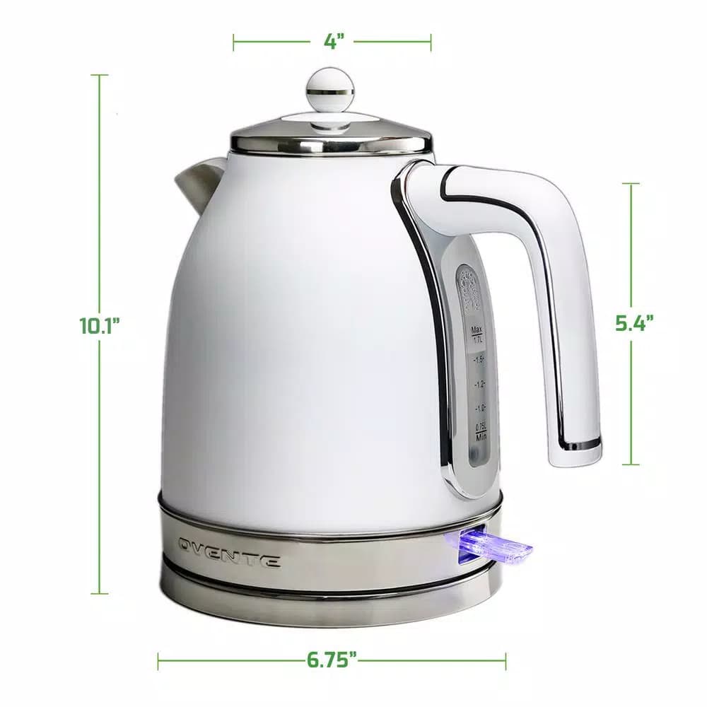 Ovente KS777 1.7L Electric Kettle, 1500W Stainless Steel Water Boiler with Auto Shut-Off and Removable Filter, White