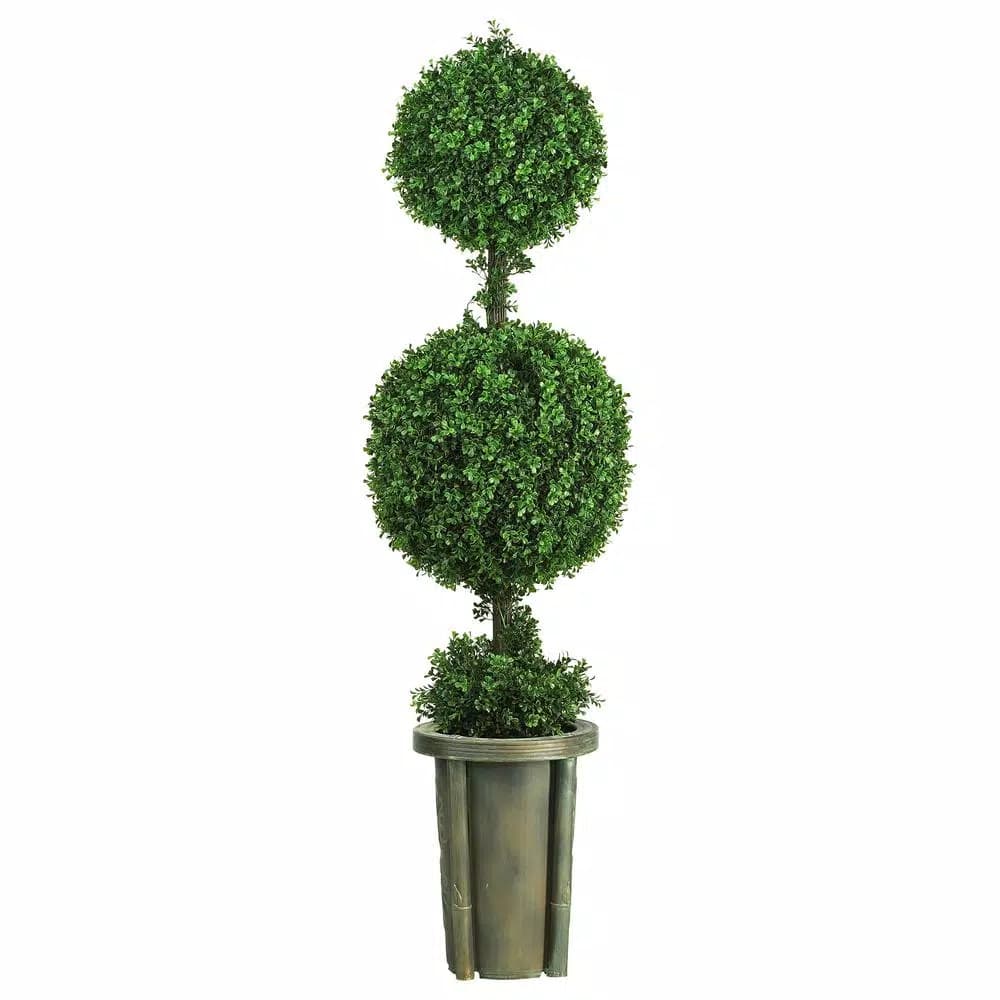Nearly Natural 5 ft. Double Ball Leucodendron Topiary with Decorative Vase - Indoor/Outdoor Green Silk Foliage