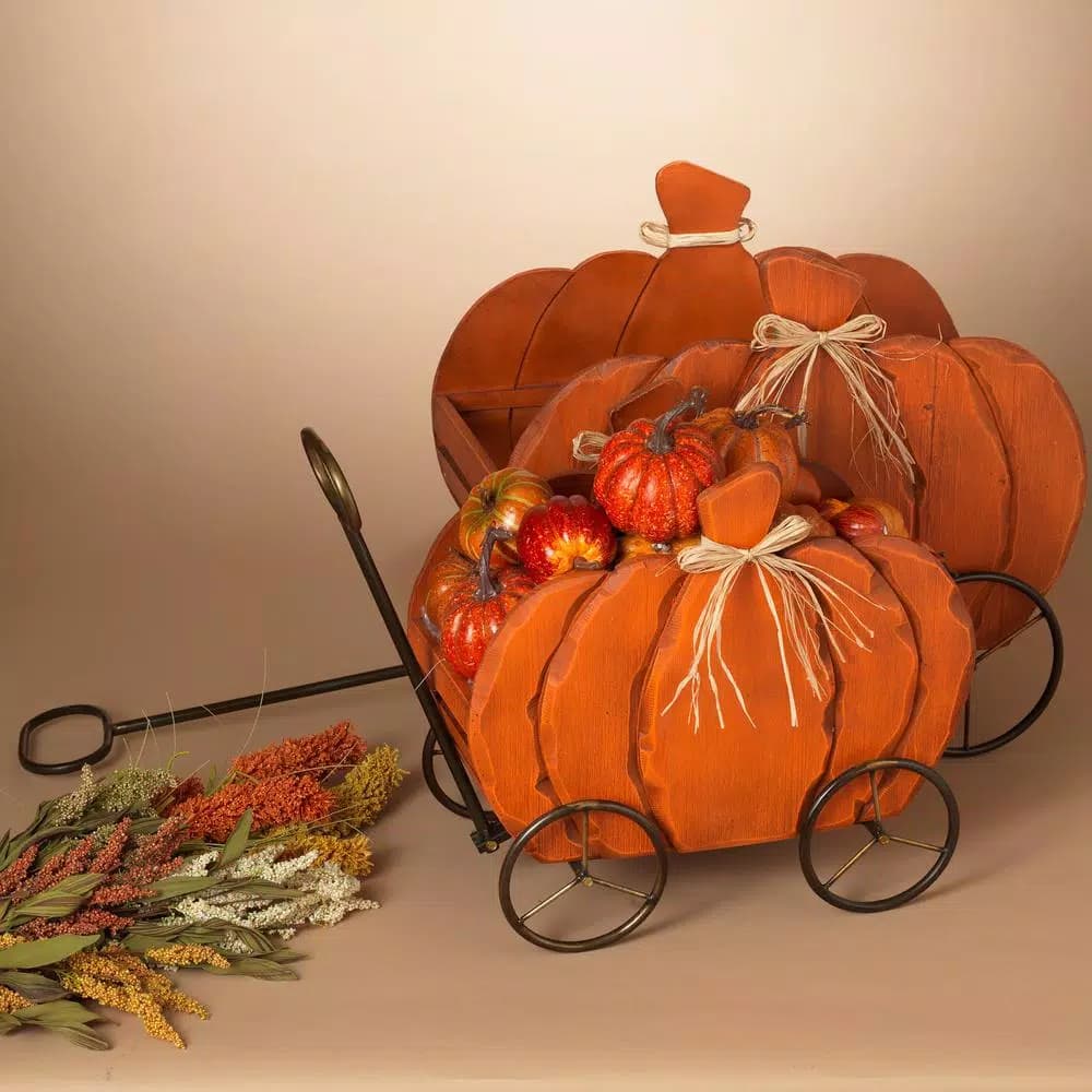 Gerson Assorted 21.85 in. Nesting Wood Pumpkin Wagons, Set of 2