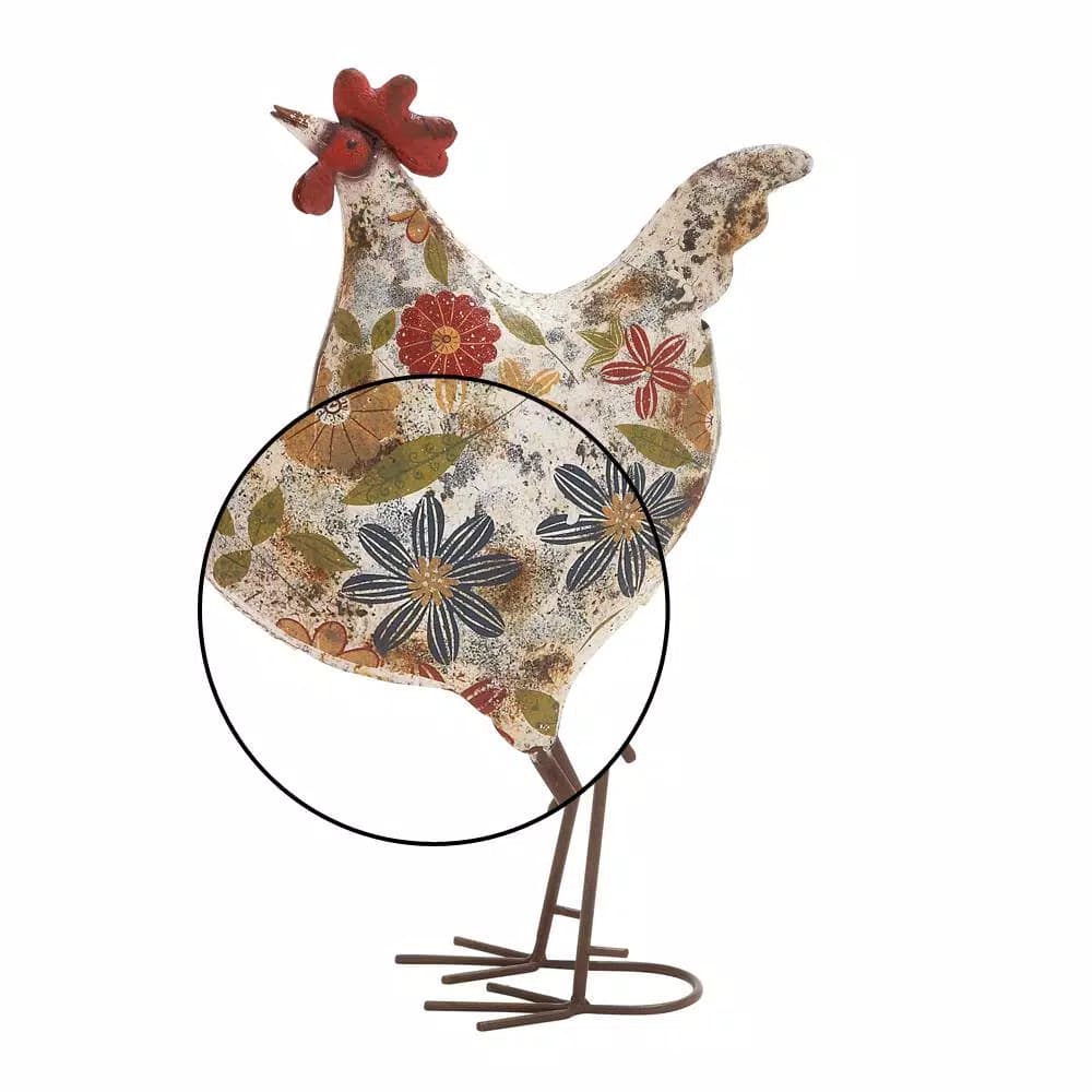 LITTON LANE 17 in. Farmhouse Floral Pattern Iron Rooster Garden Sculpture with Distressed Finish