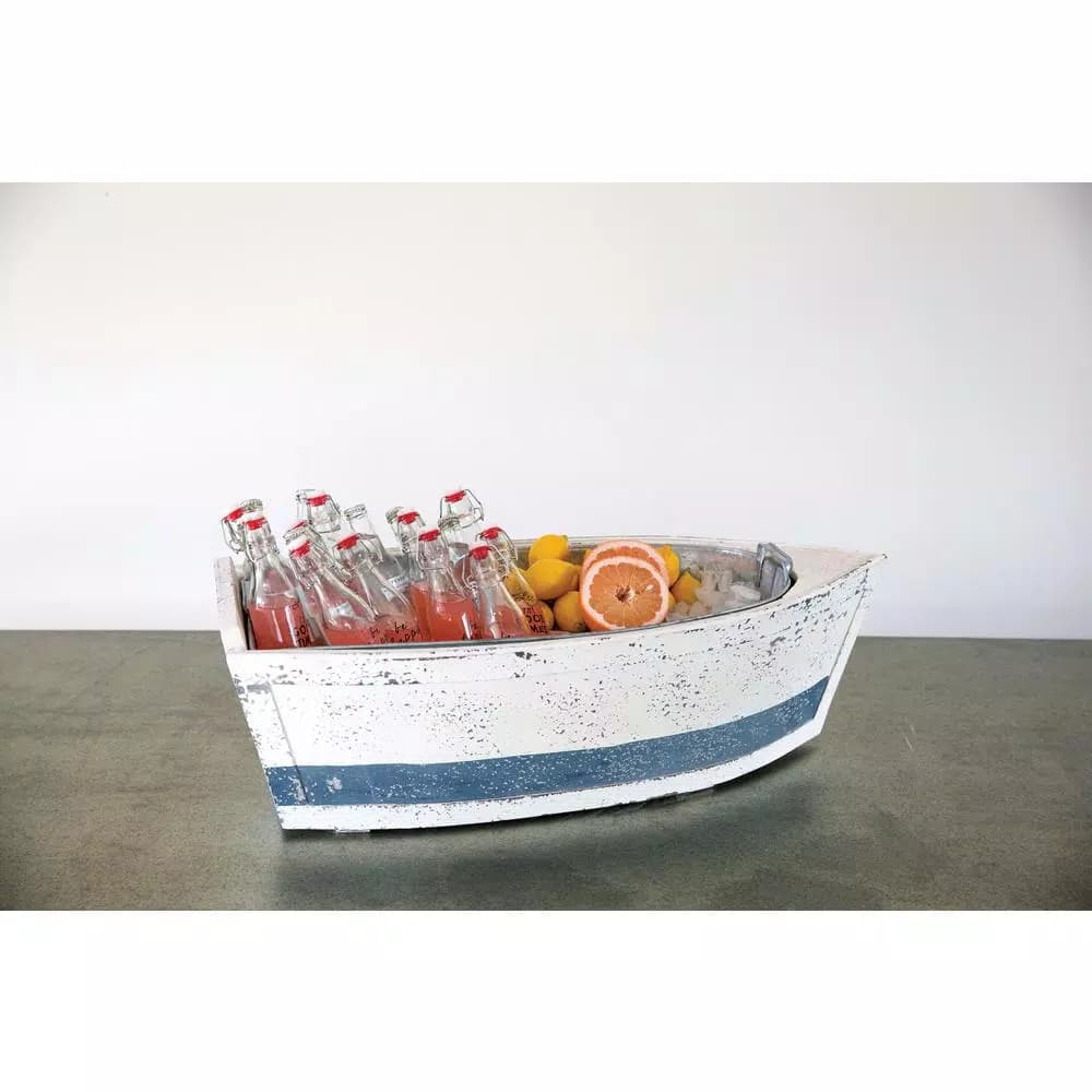 3R Studios Distressed Wood Decorative Boat with Tin Insert - Nautical Display Container