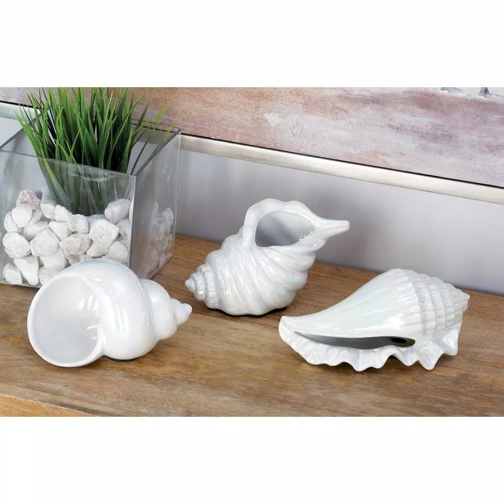 LITTON LANE Coastal Living White Ceramic Seashell Decor Set of 3 - Pearlescent Porcelain Sculptures