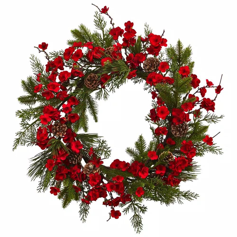 Nearly Natural 24 in. Red Plum Blossom and Pine Wreath