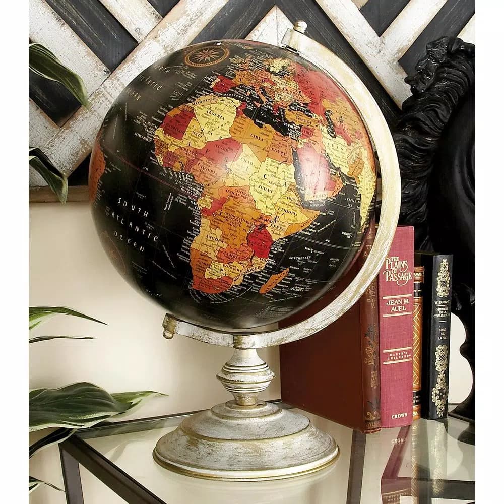 LITTON LANE Nautical Decorative Globe with Whitewashed Tiered Metal Base