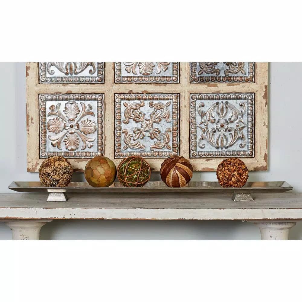 LITTON LANE 35" Silver Rectangular Aluminum Footed Serving Tray with Distressed Texture