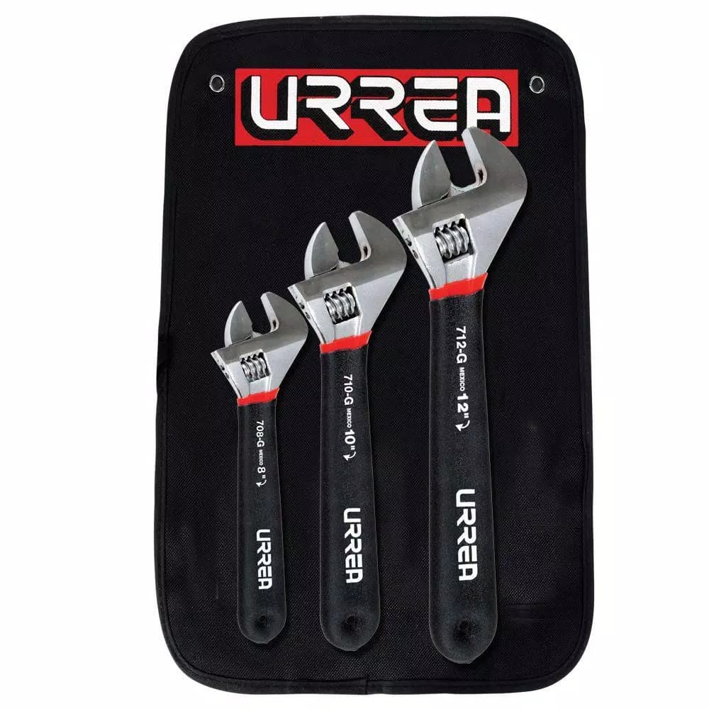 URREA 3-Piece Adjustable Chrome Wrench Set with Rubber Grip, 8 in., 10 in., 12 in.