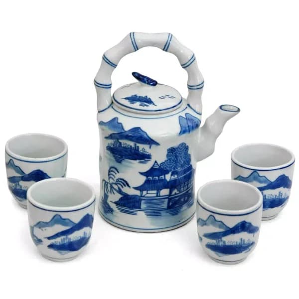 Oriental Furniture Blue and White Porcelain Tea Set with Ming Landscape Pattern