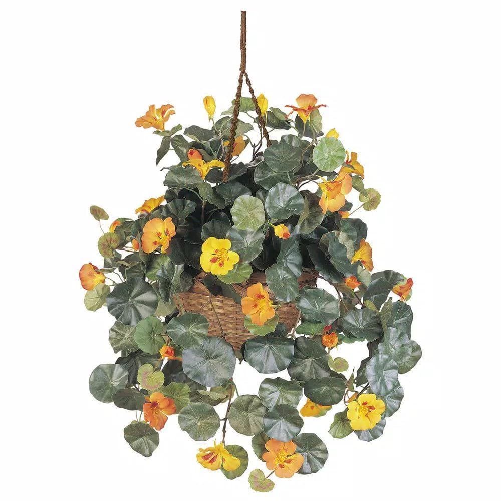 Nearly Natural Nasturtium Hanging Basket Silk Plant with Wicker Container