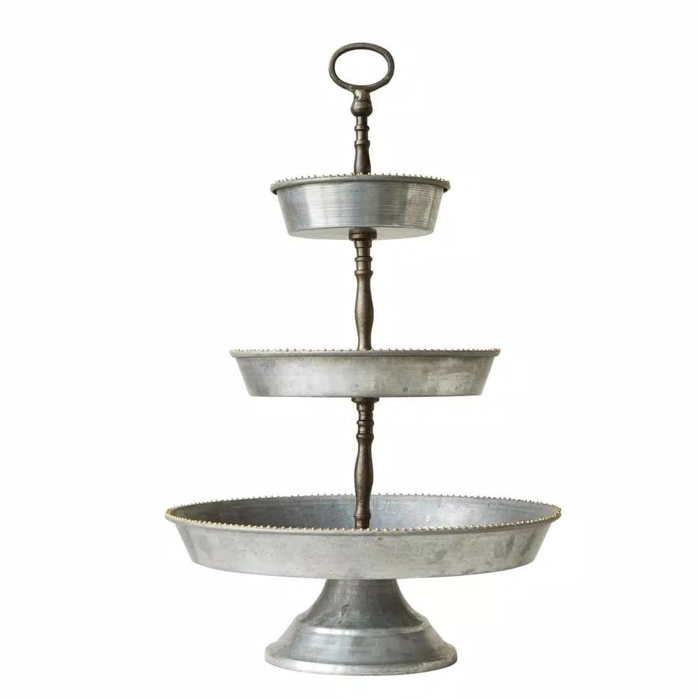 3R Studios 3-Tier Galvanized Metal Round Serving Tray with Handle, Silver Farmhouse Style