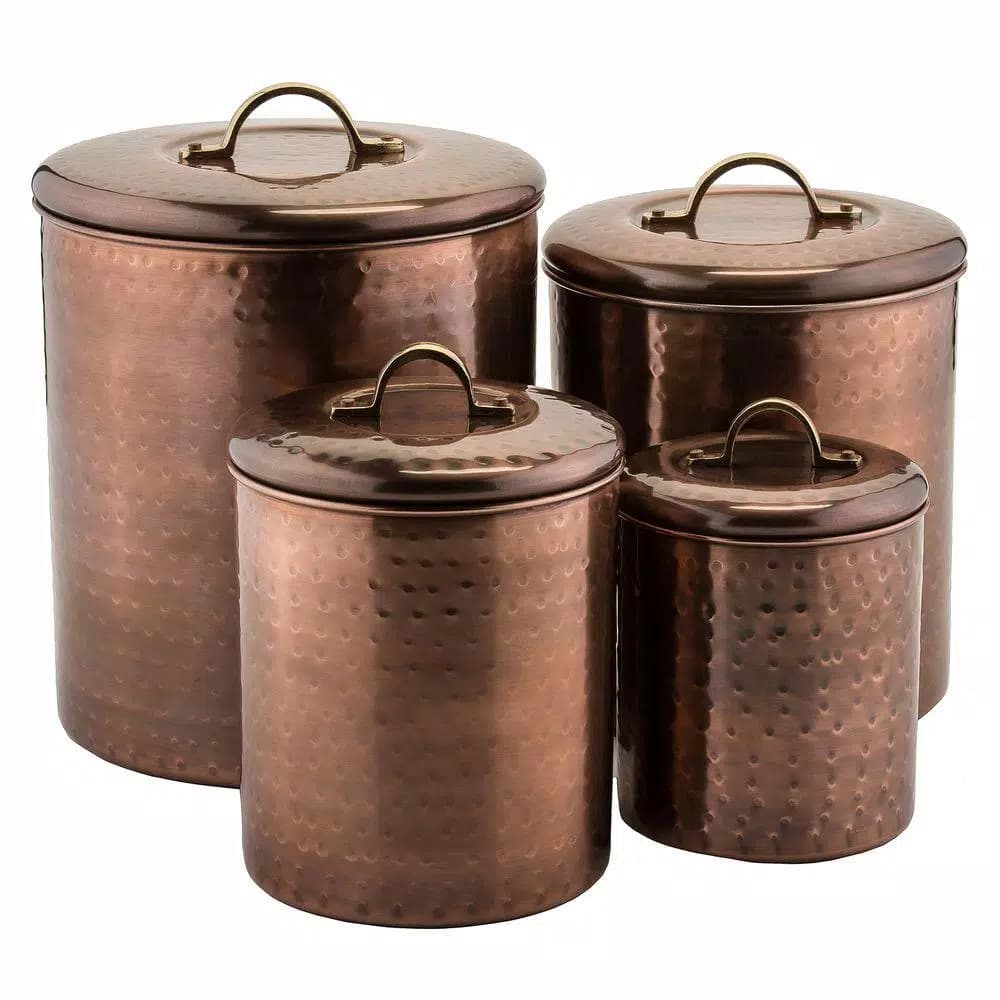 Old Dutch 4-Piece Hammered Antique Copper Canister Set with Fresh Seal Covers