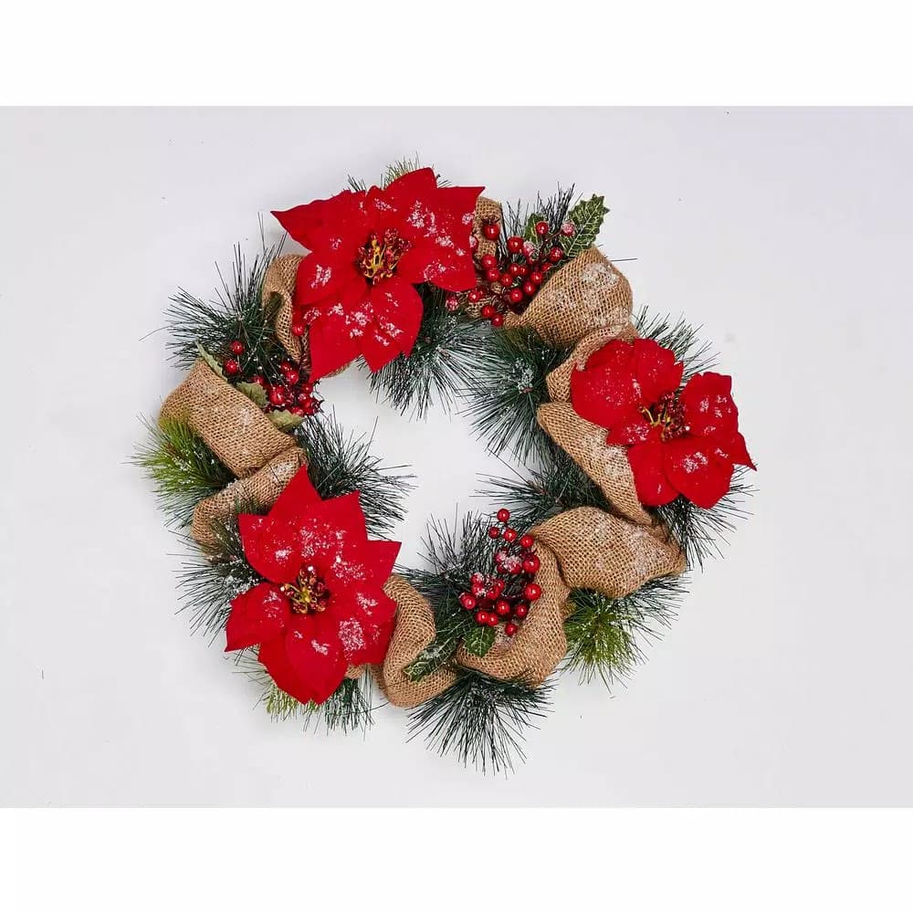 Unbranded 20 in. Poinsettia Wreath with Burlap Bows and Natural Twig Base