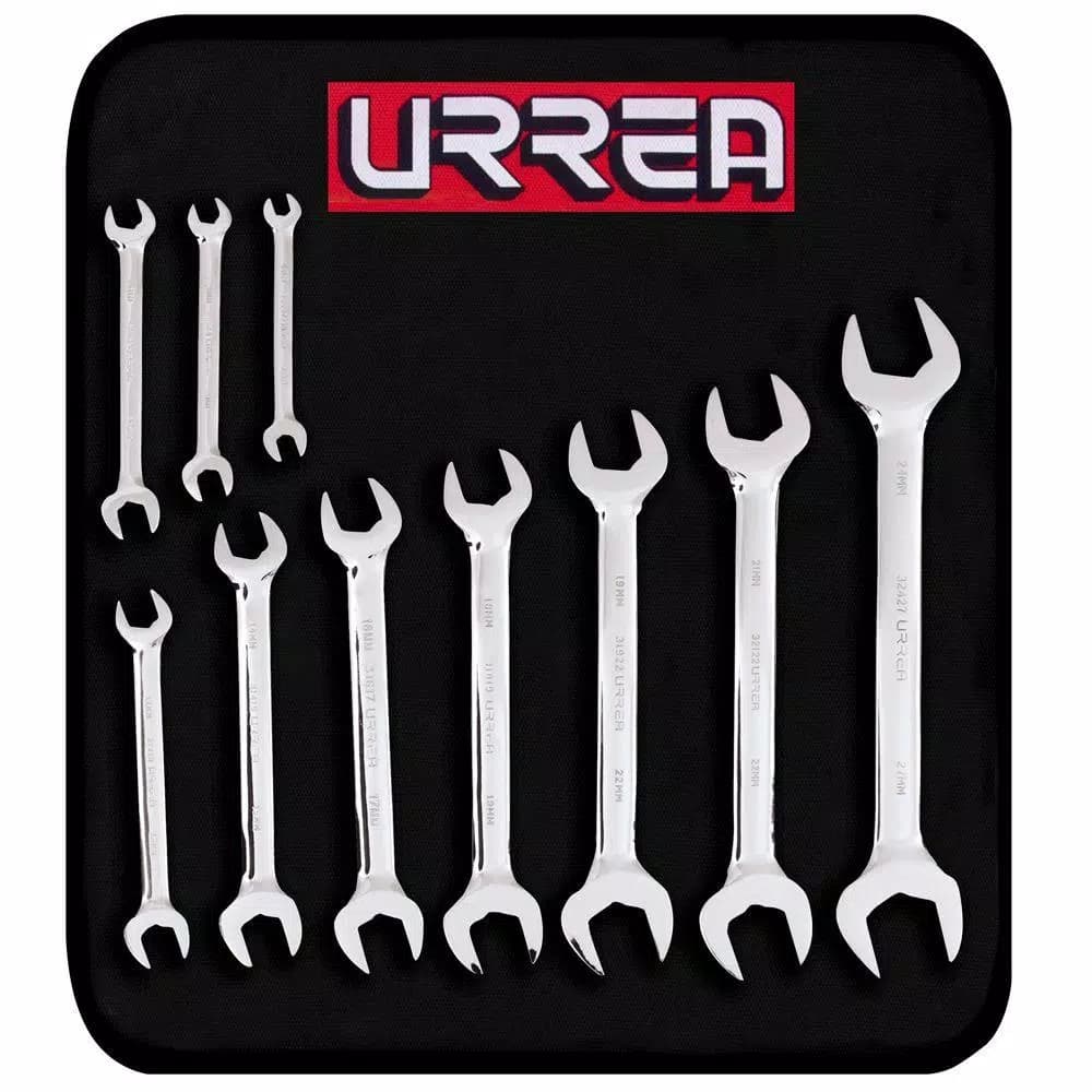 URREA 10-Piece Metric Open End Wrench Set with Canvas Rollup Pouch