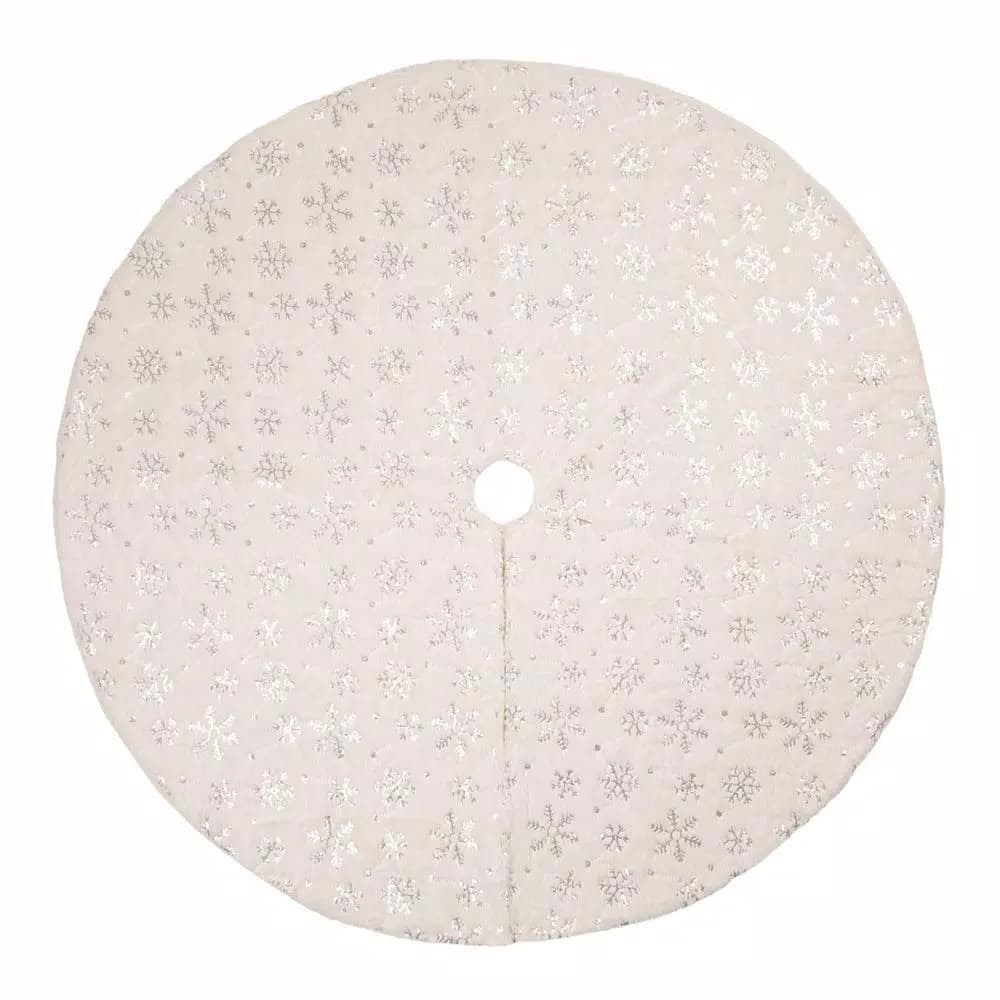 Glitzhome 48 in. White Plush Snowflake Christmas Tree Skirt
