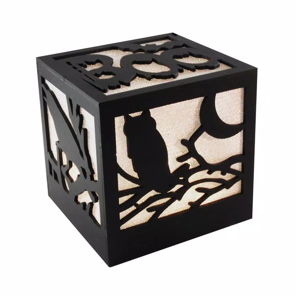 LUMABASE 4.75 in. Halloween Wooden Lantern with Multi-Orange LED Lights, Owl and Crow Design