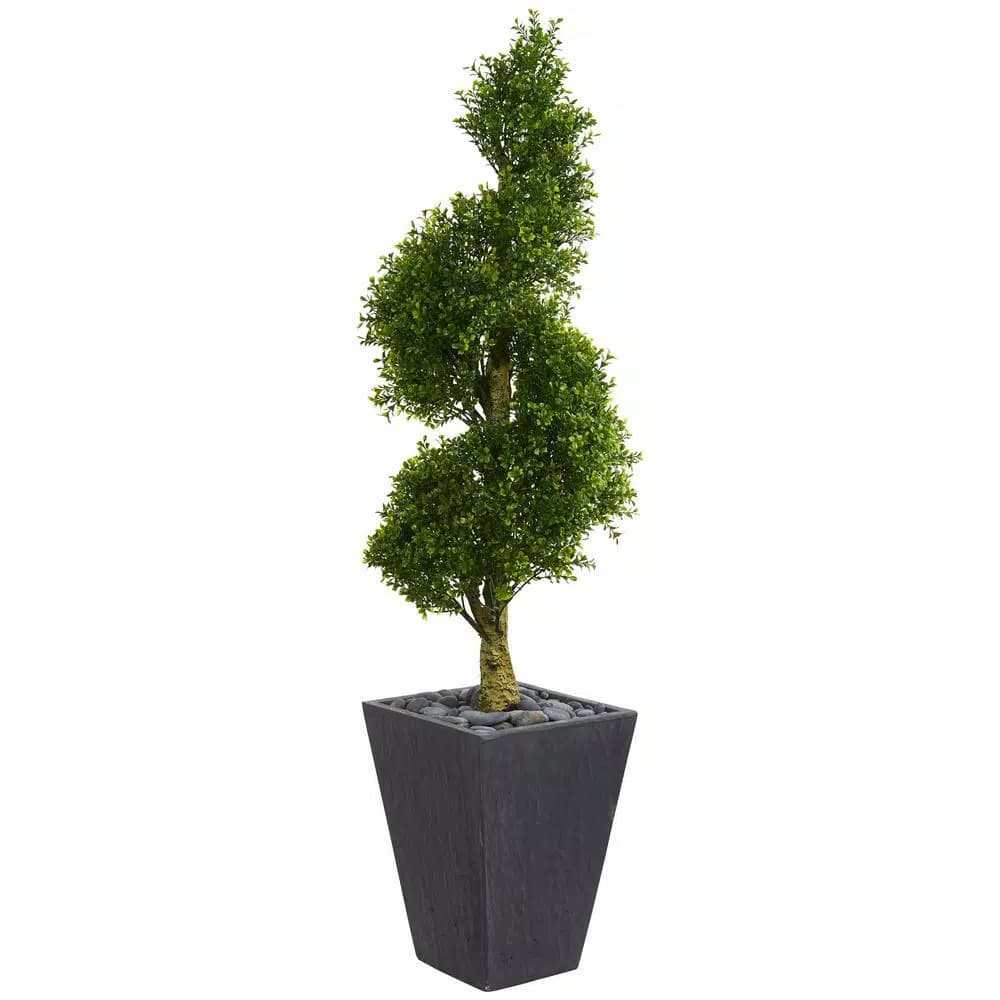 Nearly Natural 5 ft. Artificial Boxwood Spiral Topiary Tree in Slate Planter with River Rocks