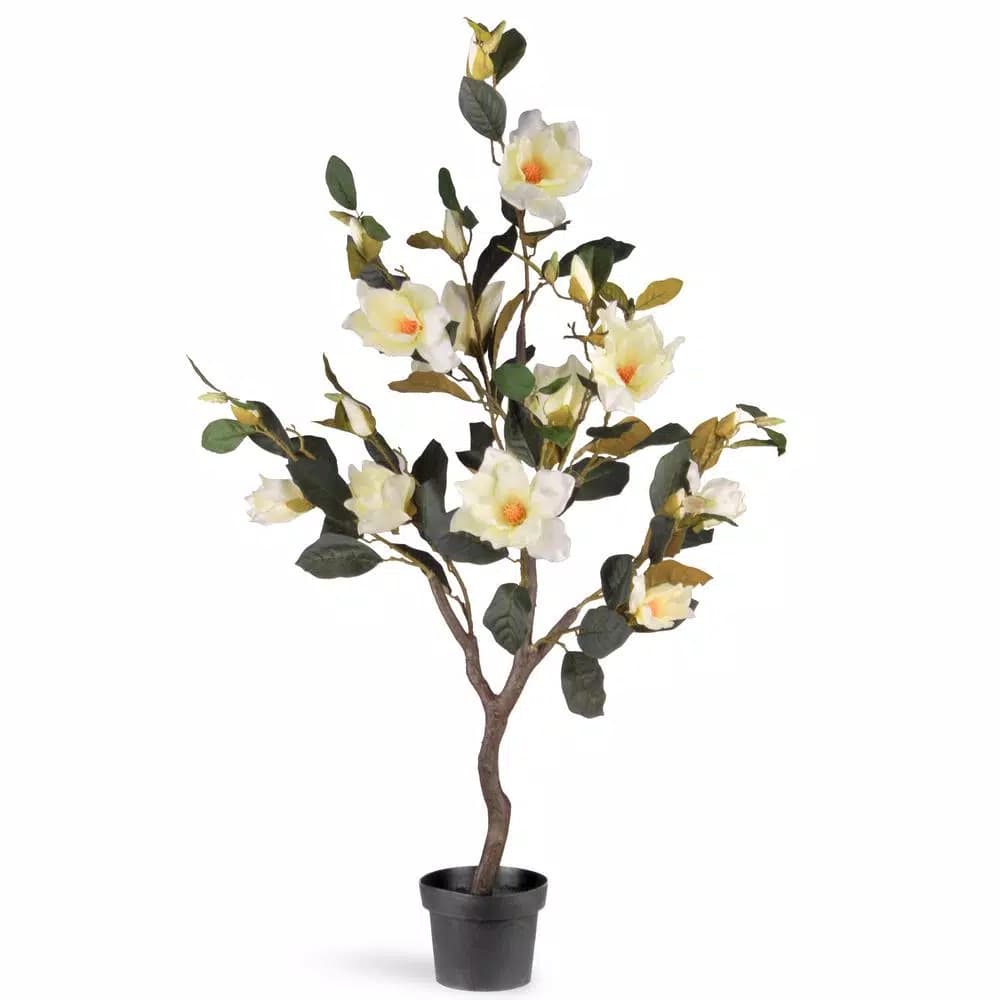 National Tree Company 48 in. Artificial White Magnolia Flower Tree in Matte Black Pot