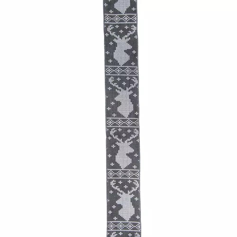 Northlight 2.5 in. x 16 yds. Grey and White Nordic Reindeer Wired Craft Ribbon