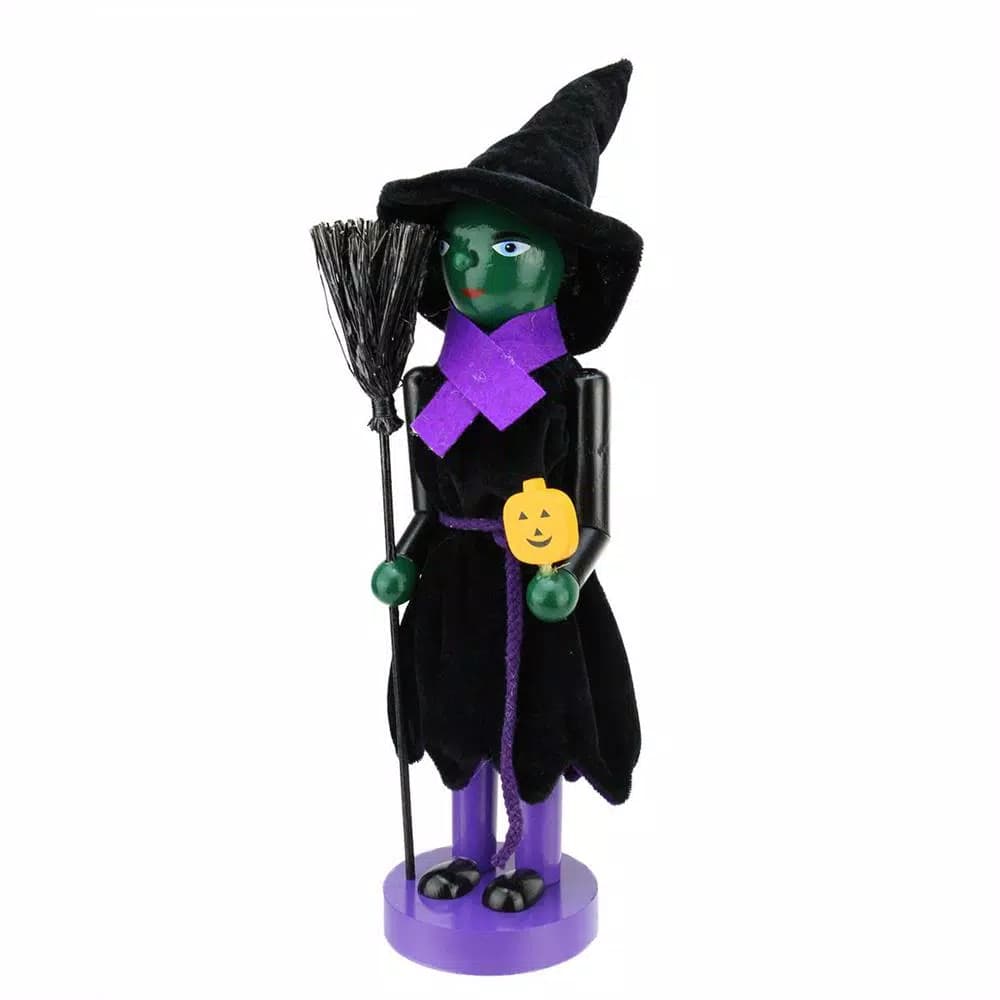 Northlight 14 in. Green Witch Wooden Halloween Nutcracker with Broom and Jack-O-Lantern