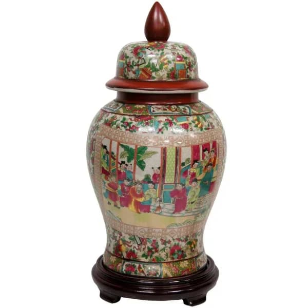 Oriental Furniture 18 in. Red Porcelain Temple Jar Vase with Removable Lid