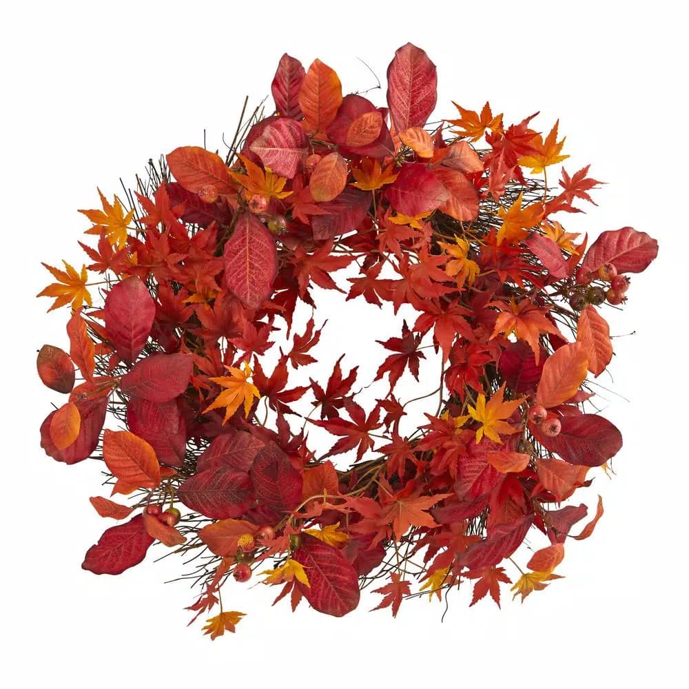 Nearly Natural 22 in. Japanese Maple, Magnolia Leaf and Berries Artificial Wreath, Multi-Colored
