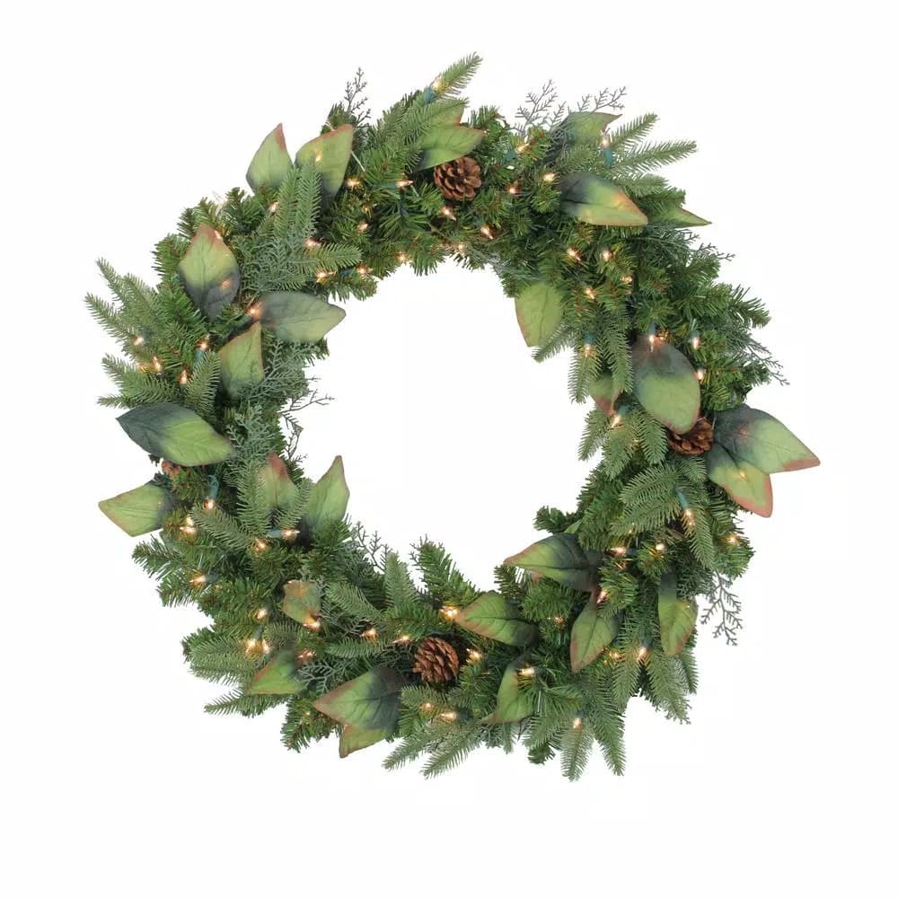 Northlight 30 in. Pre-Lit Mixed Winter Pine Artificial Christmas Wreath with 100 Clear Mini Lights