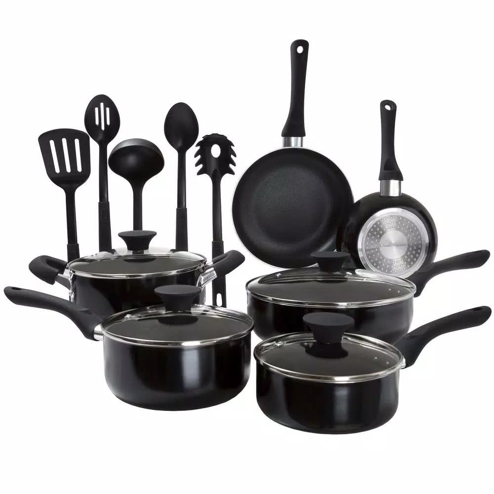 Classic Cuisine Allumi-Shield 15-Piece Nonstick Aluminum Cookware Set with Lids, Black