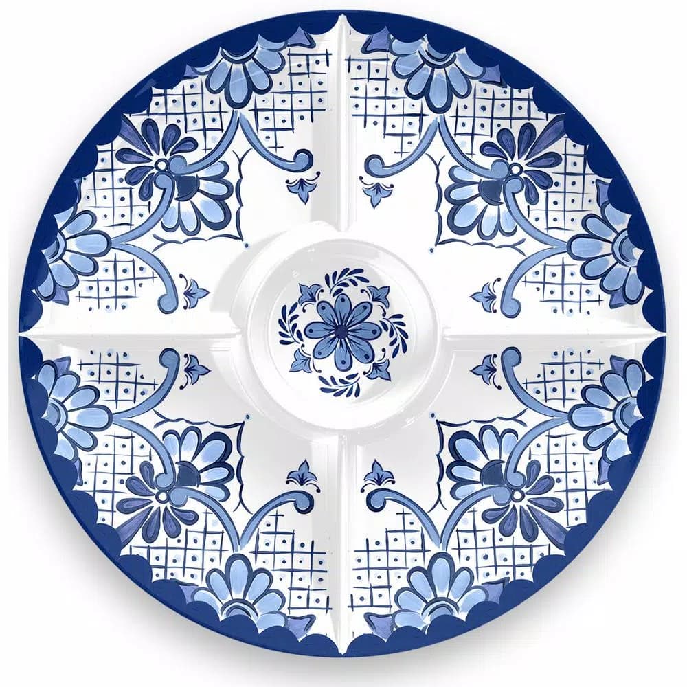 Unbranded Cobalt Casita Melamine Chip and Dip Tray, Blue and White Mexican-Inspired Pattern