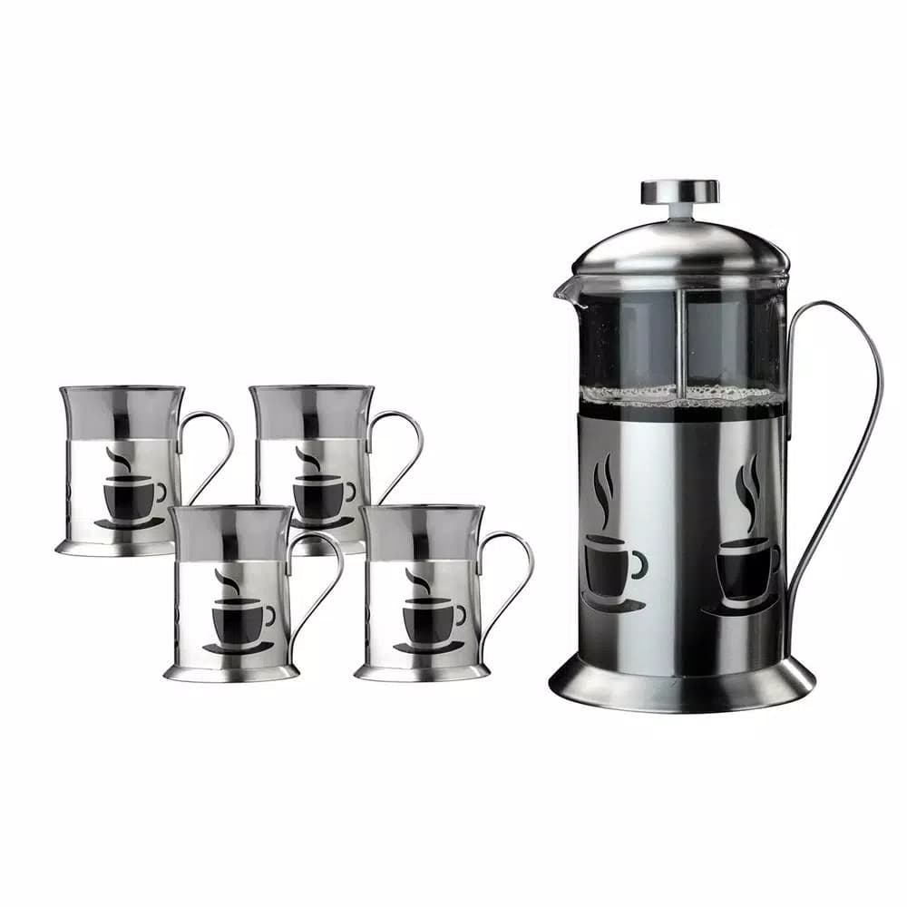 BergHOFF 5-Piece French Press Coffee Set with 32 oz. Stainless Steel Plunger and 4 Matching Glasses