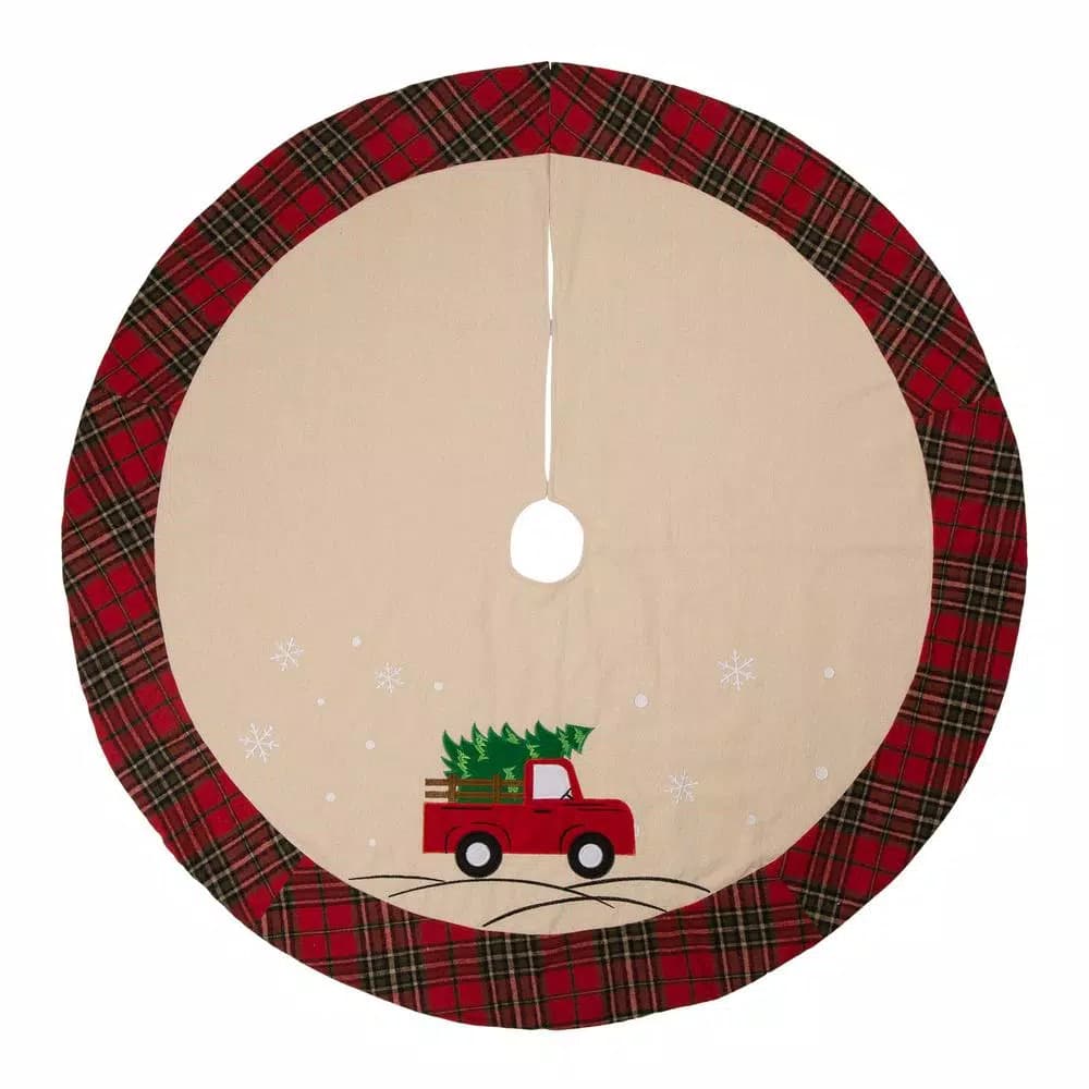 Glitzhome 48 in. Red Truck Embroidered Fabric Christmas Tree Skirt