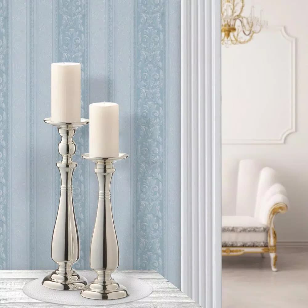 Unbranded Silver Wedding Candle Holder Set of 2 - Polished Chrome Steel Pillar Candlesticks